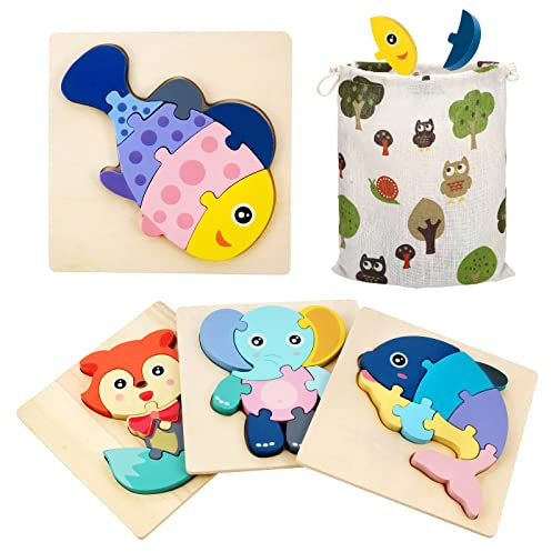 Holzpuzzle für Kinder Ab 2 3 4 5 Jahre, 3D Kinder Holzpuzzle Steckpuzzle Holz Montessori Spielzeug mit Aufbewahrungstasche, Pädagogisches Spielzeug Geschenk für Kleinekinder Jungen Mädchen Baby,4PCS