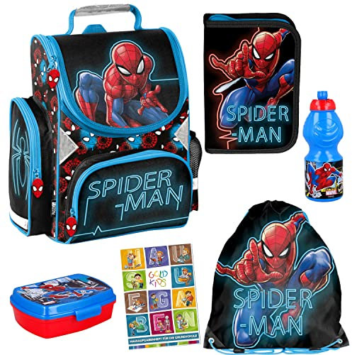 Goldkids Spiderman Schulranzen ergonomischer Ranzen Turnbeutel Federmappe Trinkflasche Brotodose Aufgabenheft für die Grundschule 6er Set Lizenzartikel Marvel Spiderman Spider-Man Comics