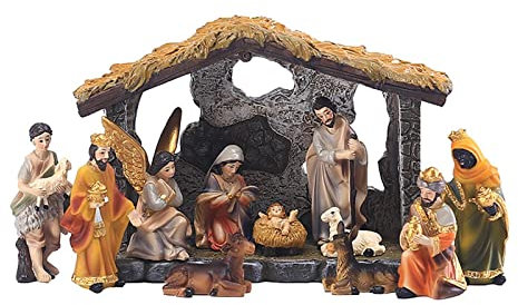 Joyivike Weihnachtskrippe Kleine Tischkrippe Set Aus Harz, Krippe Weihnachten Aus Mit Figuren, Traditionelle Weihnachtskrippen Set Mit Handbemalten Figuren Für Den Innenbereich, Kirche Oder Schule