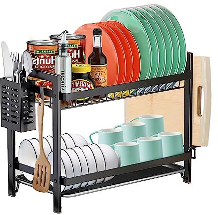 MXTIMWAN Escurridor de Platos, Escurreplatos Acero Inoxidable Cocina, Escurre Platos Armarios, 2 Niveles Escurridor Fregadero de Platos con Soporte para Tabla de Cortar et Bandejas de Goteo, Negro