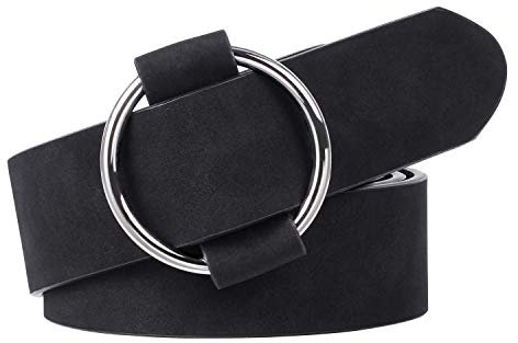 XZQTIVE Gürtel Damen Ledergürtel mit Kreis Schnalle No Pin & Hole Verstellbare Taille Gürtel für Jeans aus Wildleder, Schwarz, Fit Taille Größe unter 120cm