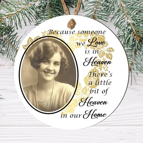 Personalised Memorial Photo Christmas Bauble - In Loving Memory Customised Bauble with Photo - Memory Keepsake (Because Someone We Love, Mdf Wood Indoor Use Only 9cm x 9cm)