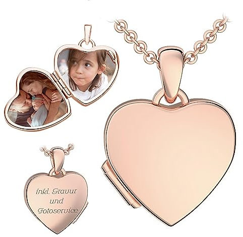 Kinder Herz Medaillon zum Öffnen für Bilder Rosegold | Kette Halskette Mädchen | Medallion aufklappbar | Amulett Anhänger Herzmedaillon mit Foto personalisiert | Geschenk für Kinder zum Geburtstag