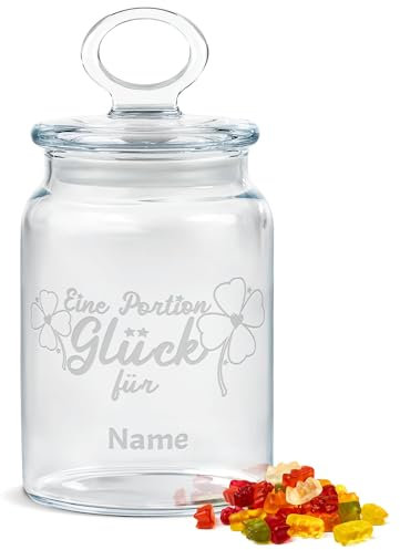 PR Print Royal Personalisierte Keksdose aus Glas mit Gravur - 800 ml - Eine Portion Glück mit Name selbst gestalten als Geschenk zum Geburtstag für Kollegen oder Freunde, Geschenk zu Weihnachten