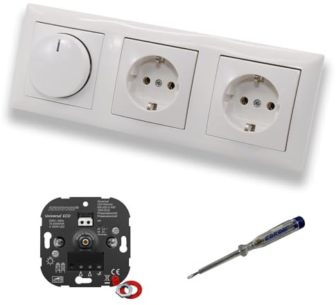 EBROM 1003 Universal ECO LED Drehdimmer Dimmer + Busch Jäger Dimmerscheibe 2115-914 und 2 x Steckdose mit Kinderschutz 20EUCKS-914 in Balance Si alpinweiß glänzend + EBROM Phasenprüfer z. Montage