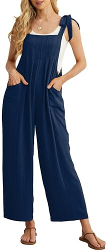 GRECERELLE Womens Summer Dungarees Jumpsuit - Casual Loose Baggy Harem Romper Sleeveless Playsuits for Women UK with Pockets, Adjustable Straps (Dark Blue, L)