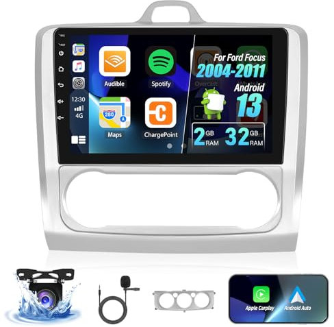 Android 13 Dual Din Autoradio per Ford Focus 2004-2011 con Carplay Android Auto, 9'' HD Touchscreen Radio Player con Bluetooth WiFi GPS FM EQ Mirror Link, schermo diviso+telecamera