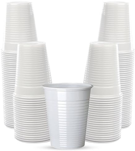 CHEF ROYALE 7oz (100 pcs) White Plastic Cups - Disposable Drinking Cups - Recyclable BPA Free Cups - Eco-Friendly Blue Cups for Halloween, Easter, Christmas, Birthdays, Wedding (100)