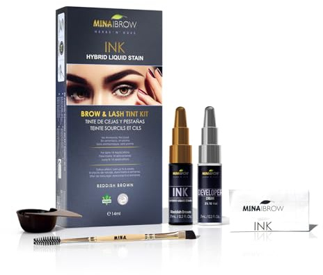 MinaiBrow INK Hybrid Liquid Tint for Brow & Lashes Reddish Brown - Coloring Spot Coloring for Brow & Lash - Instant Dye Kit - 100 % grå - upp till 14 applikationer - 14 ml