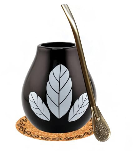 Yerba Mate-Tee Kalebasse Set ● Mate tee becher HOJA BLACK 350ml ● Keramik mate tee tasse ● Edelstahl trinkhalm Bombilla 19cm ● Yerba-Mate-Tee-Strohhalm ● Mate-Trinkgefäß ● Stainless steel Straw