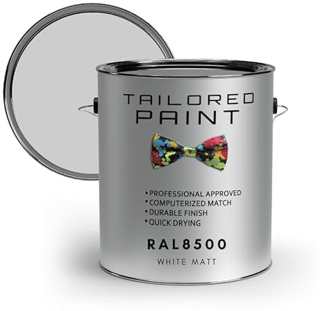 Tailored Paint Vernice su misura per porte e finestre in PVC 1K a pennello o spray su finitura lucida RAL8500, bianco, latta da 5000 ml (5 l).