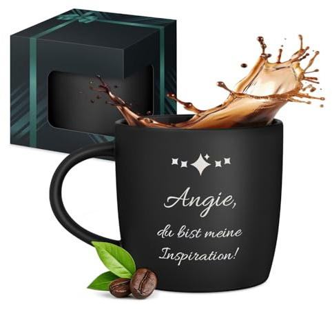 Maverton Keramik Kaffeebecher 400ml mit Gravur - personalisierte Kaffeetasse aus Matt Keramik mit Henkel für Frau zum Geburtstag zu Weihnachten - Trinkbecher matt schwarz - Innen schwarz - Inspiration
