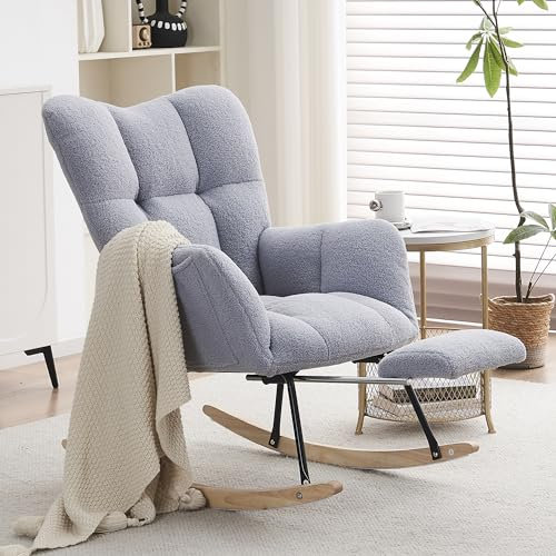YESGIGA Teddy Stoff getuftet gepolstert Schaukelstuhl mit ausziehbarer Fußstütze (Grau)