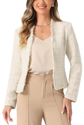 Allegra K Blazer en Tweed Femme à Carreaux Manches Longues Ouvert sur Le Devant Veste de Travail et de Bureau Beige M
