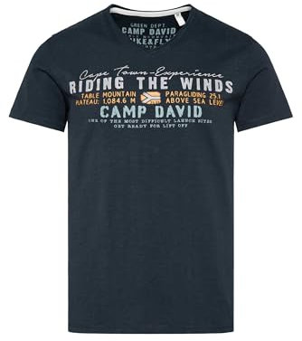 Camp David Herren V-Shirt mit Flockprint Blue Navy L