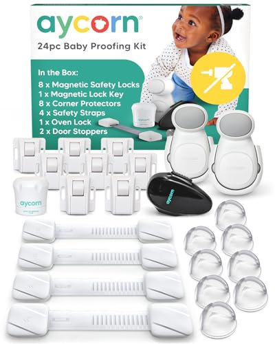 Aycorn Kindersicherung Set (24 Teile): Magnetisches Schrankschloss, Eckschutz, Türstopper, Ofenschloss - Kindersicherung Schrank, Schubladen & Kindersicherung Tür ohne Bohren - BONUS Video