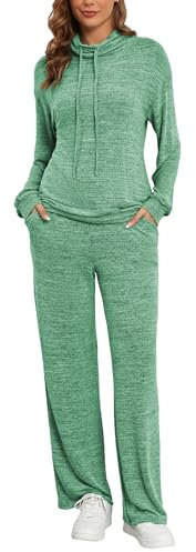 Famulily Women Casual Turtleneck Tracksuit Set Solid Color Long Sleeve Sweatshirt and Jogging Bottoms with Pockets Green M
