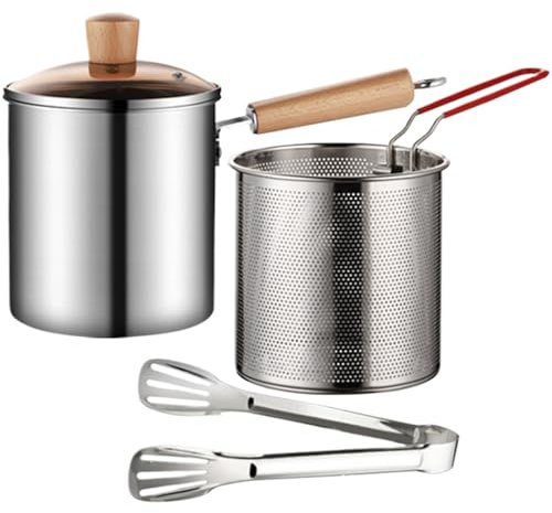 Bote de freidores de la estufa, la olla de freidora de acero inoxidable 3L con cesta de colador y mango, freidora superior con tapa y pinzas visibles para freír pollo y papas fritas