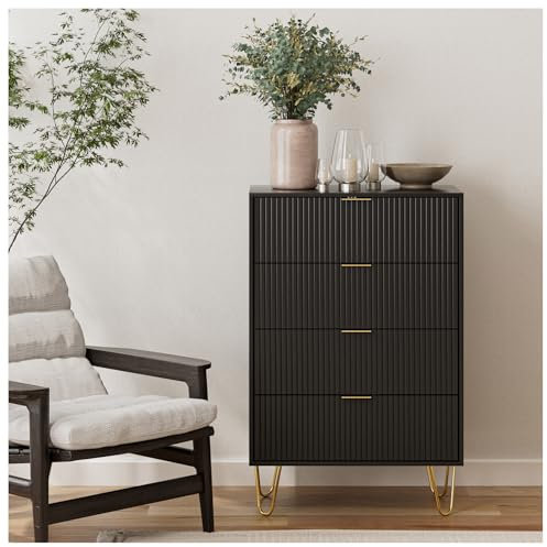 HEYZOEY Chest of 4 Drawers for Bedroom, 60x34x91cm, Wood Storage Dresser Bedroom Furniture Cabinet for Living Room,Office,Lounge,Black