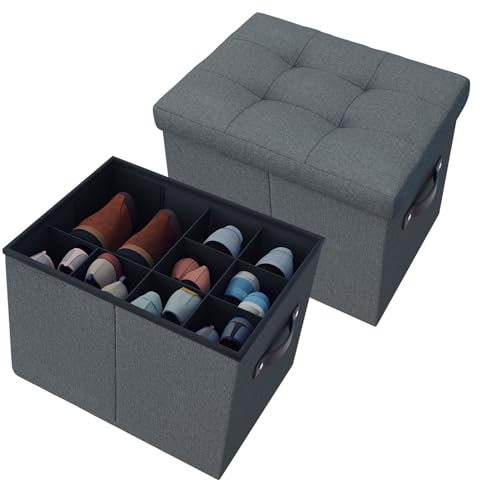 Hoiwio 2 Pack Ottoman Storage Box Bench - Adjustable Dividers Organizer Storage Chest with Lid for Shoe | Clothes | Toy | Blanket, Foldable Pouffe Footstool with Storage for Living Room Bedroom