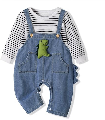 Volunboy Vestito Completi Bambino, Unisex Set di 2 Maglietta a Maniche Lunga e Salopette Dinosauro Carino Abito Neonato Tuta (Dino Righe, 18-24 mesi, Taglia 90)