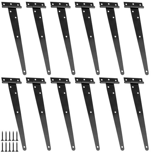 MUKSEUT 12PCS 12 Inch/30cm T-Hinges, Black Tee Shed Hinge, Heavy Duty Metal Gate Hinges for Wooden, Barn Shed Garden Doors, with Screws