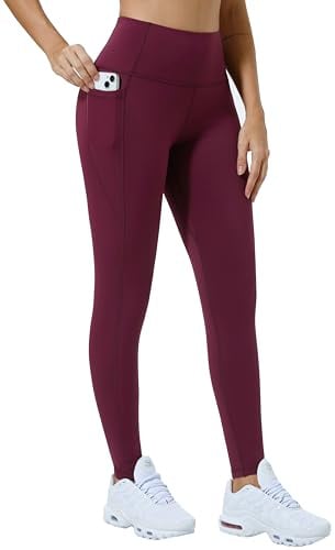 Enjoyoga Sport Leggings Damen mit Tasche - High Waist Sporthose Push Up Laufhose Blickdicht Sportleggins Lang für Sport Gym Yoga - M/65 (Weinrot)