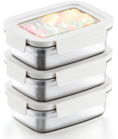 Misichao Small Stainless Steel Food Storage Containers with Lids - Stackable Meal Prep Food Containers for Kitchen & Pantry, Leakproof, Reusable Metal Bento Lunch Box (White, 650 ml)