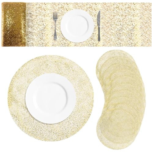 URROMA Essensmatte, 11-teiliges Einweg-Tischset mit goldfarbenem Sternenhimmel-Muster, Esstischmatte, goldfarbenes Schleierkraut, Netz-Tischläufer, Pailletten, Glitzernetz, Metallic-Goldnetz,