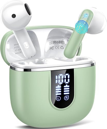 Wireless Earbuds, 2025 Bluetooth 5.4 Headphones in Ear with HiFi Stereo Deep Bass, 40H Wireless Earphones with 4 ENC Noise Cancelling Mic, Mini Bluetooth Ear Buds, IP7 Waterproof, USB-C Green