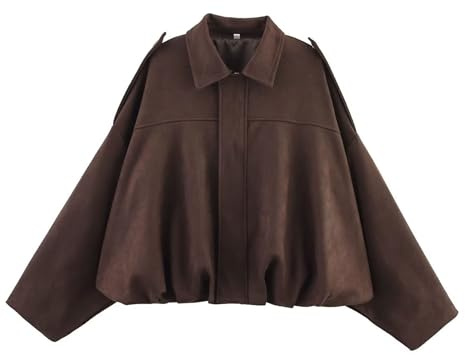 Xunger Women's Faux Suede Bomber Jacket Spring Lapel Pilot Coat Casual Oversized Long Sleeves Trendy Streetwear Outerwear, Coffee, Large