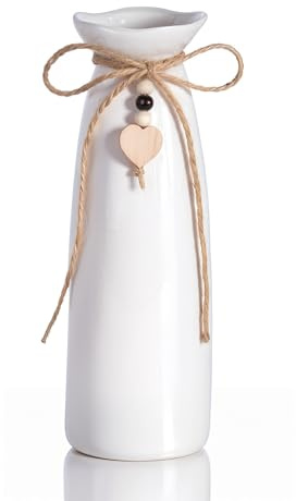 UoYeet 21CM Ceramic Vase with Jute Rope & Heart Charm, Elegant Slim Design Decorative White Vase for Home Décor & Table Centerpieces