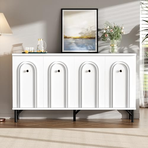 LAKFEW Sideboard mit 4 Türen, Wohnzimmer Komode mit 5 Metallfüße und Verstellbare Regale, Küchenschrank Flurschrank Holz, Vitrinenschrank Buffetschrank Aufbewahrungsschrank für Schlafzimmer, Weiß