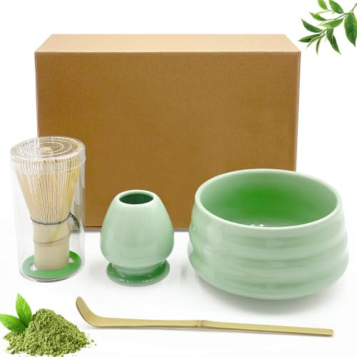 Druuzyl 4 pièces Set de bol à matcha en céramique, bol à matcha, fouet à matcha, spatule, porte-balai à matcha pour la cérémonie du thé.