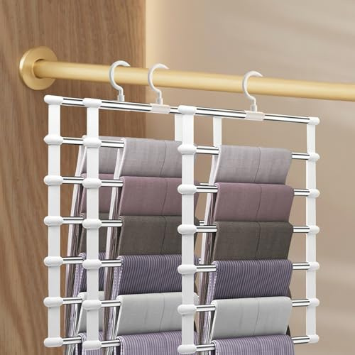 3 Pack Space Saving Trouser Hangers, Multifunctional Pants Hangers with 360° Rotatable Hook, Closet Organizer Hanger for Trousers Space Savers for Jeans, Pants, Ties, Scarves and Towels