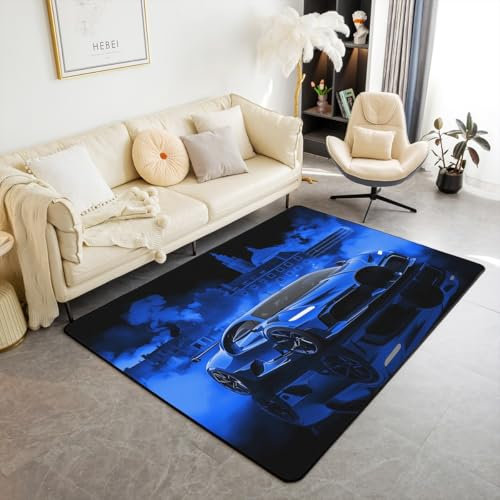 Homemissing Kinder Rennwagen Teppich 150x200cm Extreme Sport Spiel Car Wohnzimmerteppich Auto für Jungen Mädchen Schlafzimmer Dekor Modernes Blau Modern Teppich mit