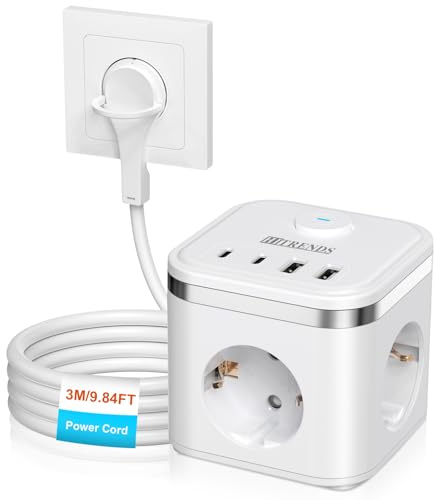 Cube de prise 7 en 1 avec câble de 3 m, 2 USB-A et 2 USB-C, Power Strip Cube 3 compartiments avec interrupteur, connecteur plat avec anneau de traction pour la maison, le bureau, les voyages, blanc