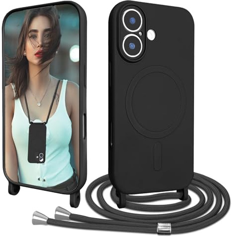Galful Crossbody Lanyard Case for iPhone 17 Magnetic Case Compatible with MagSafe Liquid Silicone Bumper with Strap Adjustable Neck Cord Necklace Cover-Black