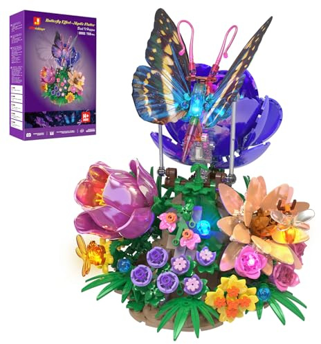 JMBricklayer Schmetterling Bauset für Erwachsene, Mystisches Flattern Bausteinset mit Botanicals Blumen und Beleuchtung Dekorative Klemmbausteine Sets, Kreative Geburtstag oder Valentinstag für sie