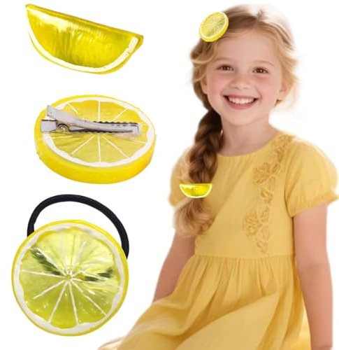 VYNZOR 3-teiliges Set mit Zitronen Haarschmuck in Scheibenform und Gummiband, Perfekt für Feste Geburtstage und Karnevalsfeiern, Fröhliche Früchte Deko für Alltag und Besondere Anlässe