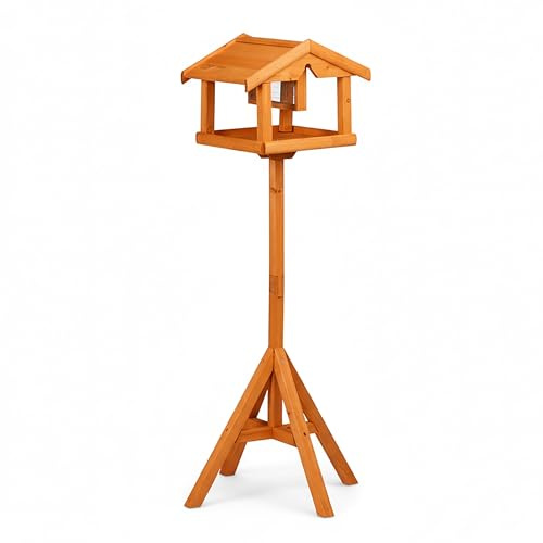 Relaxdays Comedero para pájaros con Poste y silo, Madera de Abeto, jardín y terraza, Naranja, 117 x 50 x 50 cm