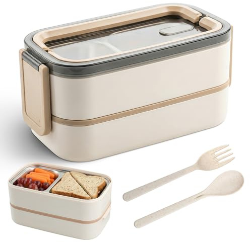 Ecofocet Bento Lunch Box 2 ripiani, 304 Acciaio inox Porta Pranzo Lunch Box Ermetico 1400 ml con scomparti, posate, senza BPA, Schiscetta Pranzo adatto al microonde, per Picnic Scuola Uffici