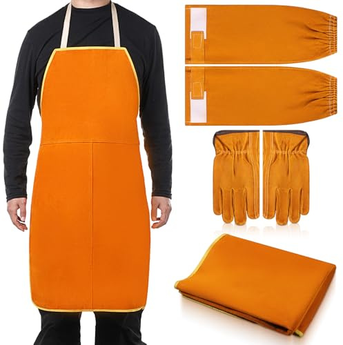 Lyksgir Welding Work Protectors Set, Including Heat & Flame Resistant Heavy Duty Welding Apron, Sleeves and Leather Work Gloves, Suitable for Safety Protection During Weldings Operations