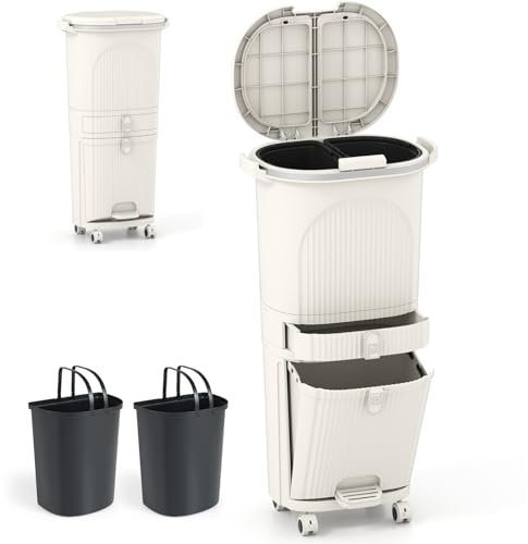 TANGZON Recycling Bins, Trash Can Garbage Bin with 3 Compartments, Wheels, Retractable Pedal, Handles & Stickers, Home Kitchen 2/3 Tier Vertical Waste Separation System (Beige, 42L, 2 Lids,1 Drawer)