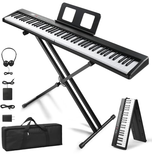 LEADZM Piano Digital Plegable de 88 Teclas, Teclado semipesado, Piano Electrónico con Modo Bluetooth Dual, 1000 Ritmos, 1000 Tonos y 50 Demostraciones para Principiantes (Negro, +Soporte)