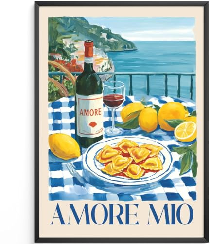 MJ-GRAPHICS® Poster Amore Mio Kunstdruck italienisches Essen Wandbild mediterraner Stil Deko lebendige Farben Küche Wanddeko essenzielles Getränkeflair A4 mit braunem Rahmen