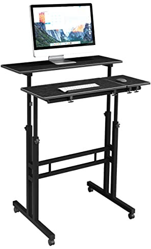 DlandHome Scrivania Sit-Stand Laptop, Laptop Stand Standing Desk Tavolino Caffe per Casa o Studio con 4 Ruote Mobile e Blocco, Scrivania Lavoro per Discorso, Altezza Regolabile 67-115cm,Nero
