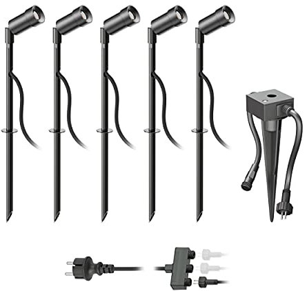 ledscom.de LED Gartenstrahler Spico schwarz mit Erdspieß und Dämmerungssensor für außen IP44 je 105lm warm-weiß 5er Set