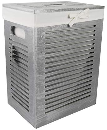 DVier Wäschekorb Holz MDF Grau Ice Grau mit Bezug Deckel Handgriffe 35x25 H.46cm