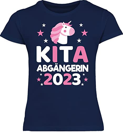 T-Shirt Mädchen Schulanfang Schulkind - Einschulung - Kita Abgängerin 2025 Einhorn - 128 (7/8 Jahre) - Navy Blau - Outfit 1.Schultag schulshirt schulanfänger Tochter kindershirts